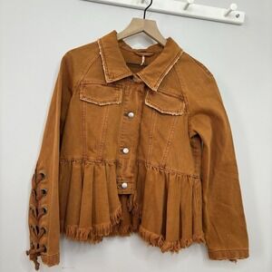 Free People Willow Denim Jacket XS Rust/Brown Lace Up Cuffs Boho Western Forest